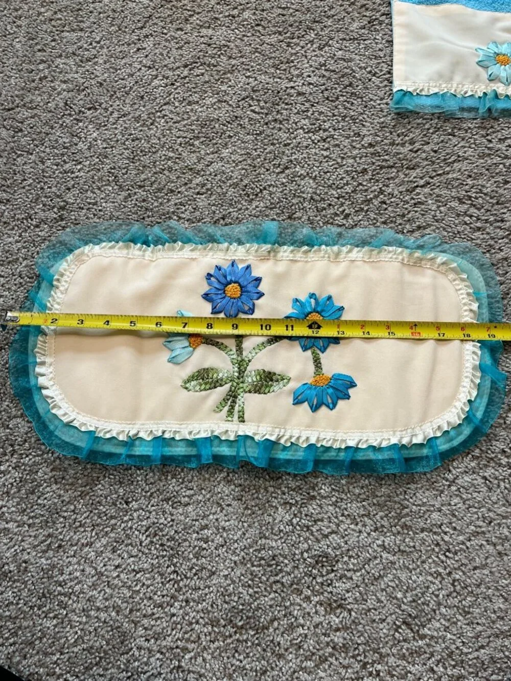 Vtg 3-Piece Bathroom Set Ribbon Embroidery Floral Ruffles Teal Blue Grannycore